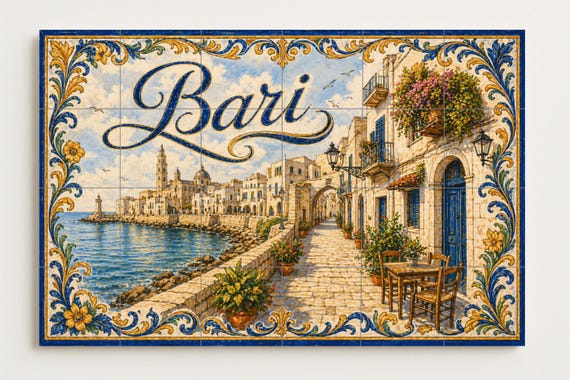 Mural de azulejos de cerámica de Bari, arte mural costero italiano con arquit… — vista 2