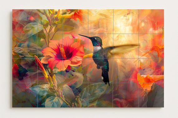 Mural de azulejos con flores de colibrí — vista 2