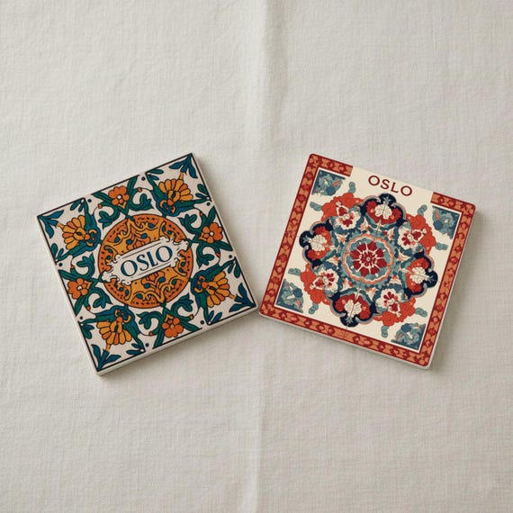 Oslo Noruega / Rosemaling Tile Coaster Set / Decoración del hogar de a