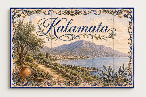Mural de azulejos de cerámica de Kalamata, Grecia, arte mural de olivar medit… — vista 4