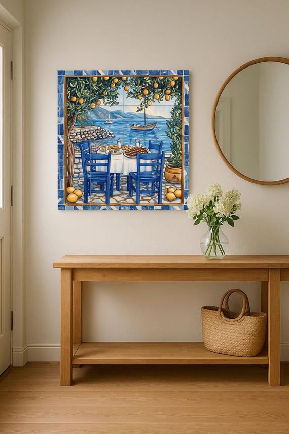 Mural de azulejos de cerámica de limoneros de Amalfi con mesa de comedor junt…