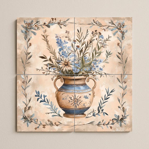 Mural de cerámica toscano con jarrón floral — vista 2