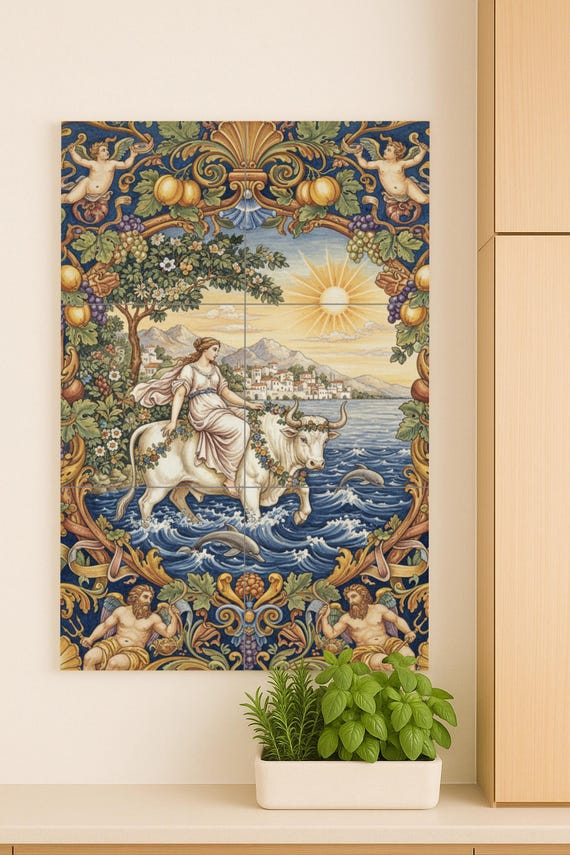 Mural de cerámica de El Rapto de Europa, mito griego, panel de azulejos clási… — vista 3