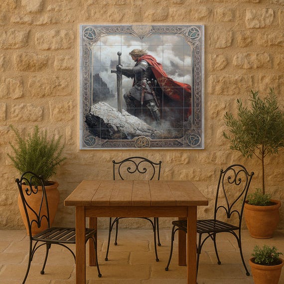Mural de pared de cerámica de caballero medieval con espada y capa roja, arte… — vista 2