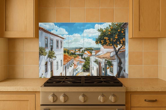 Mural de azulejos de un pueblo mediterráneo