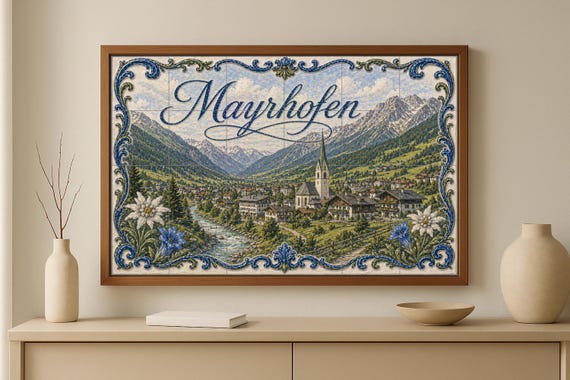 Mural de azulejos de cerámica de Mayrhofen, Austria, decoración de pared con … — vista 2