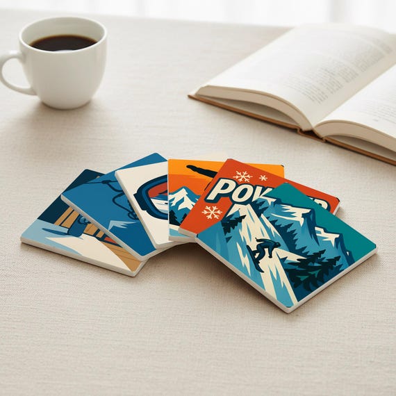 Azulejos de snowboard con ilustraciones de montañas para decorar la me — vista 4
