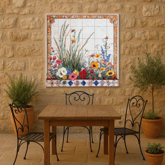 Mural de azulejos de cerámica con borde de prado de flores silvestres, tallos… — vista 4