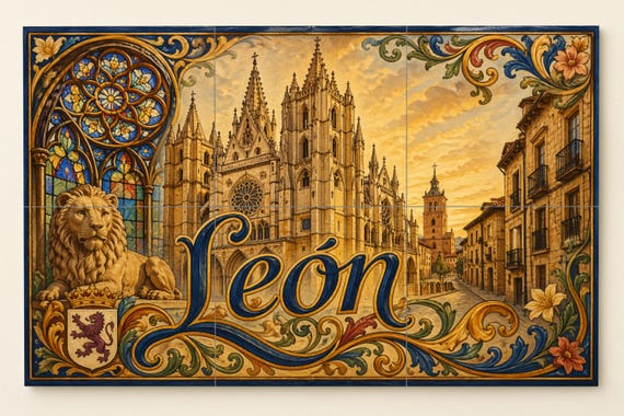Mural de azulejos de cerámica de la Catedral de León, decoración de pared gót…