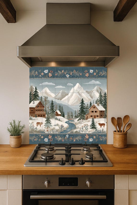 Mural de azulejos de un pueblo alpino nevado — vista 4