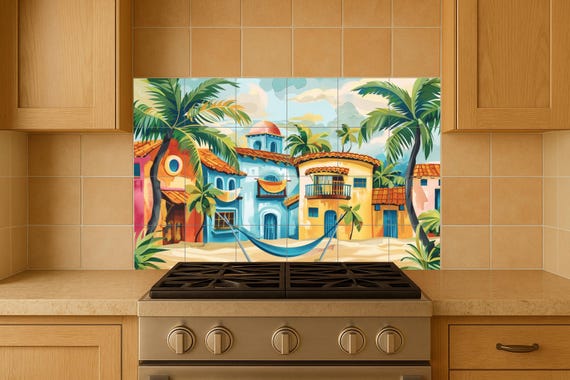 Mural de azulejos de playa caribeña