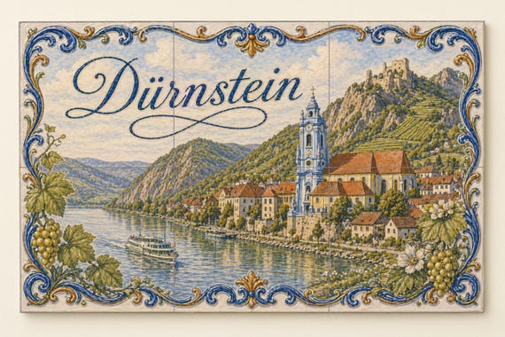 Mural de azulejos de cerámica de Dürnstein, Austria; Arte mural de viñedos de…