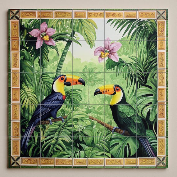 Mural de pared de cerámica con diseño de jungla tropical de tucán con orquíde… — vista 3