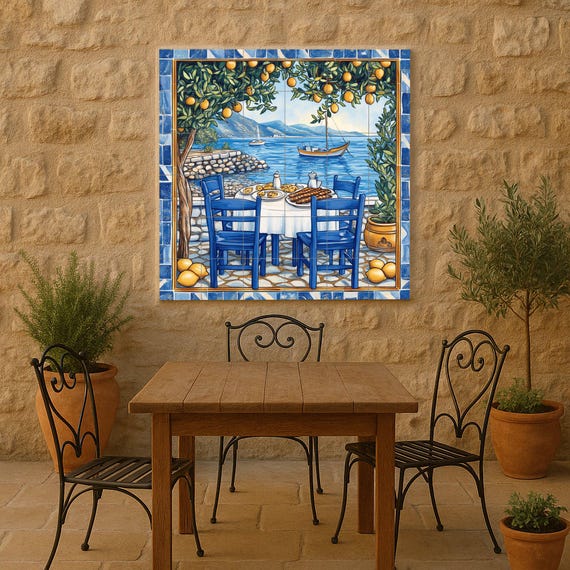 Mural de azulejos de cerámica de limoneros de Amalfi con mesa de comedor junt… — vista 2