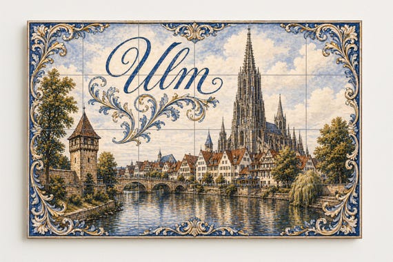 Mural de azulejos de cerámica de Ulm, Alemania, arte mural con paisaje urbano… — vista 2