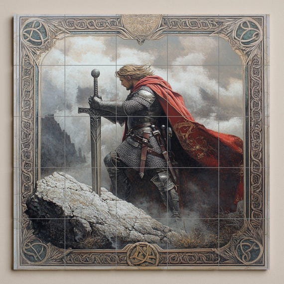 Mural de pared de cerámica de caballero medieval con espada y capa roja, arte… — vista 3