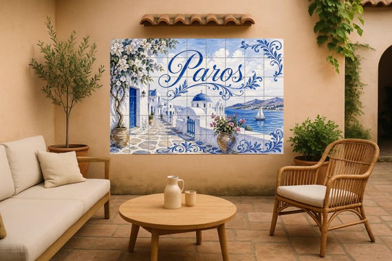 Mural de azulejos de cerámica de Paros, arte mural junto al mar en una isla g… — vista 3