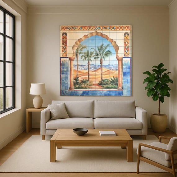 Mural de pared de cerámica con arco morisco, oasis en el desierto y palmeras,… — vista 4