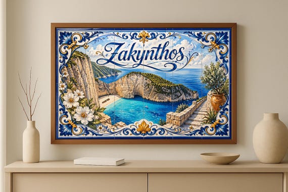 Mural de azulejos de cerámica de Zakynthos, Grecia, arte mural de la playa de… — vista 2