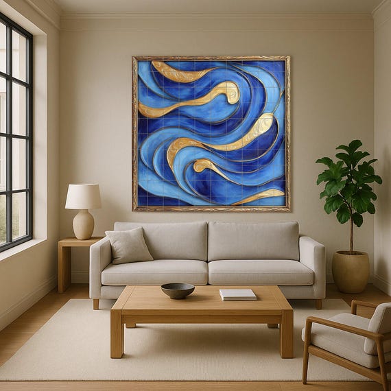 Mural de azulejos de cerámica abstractos azules y dorados para pared. Panel d…