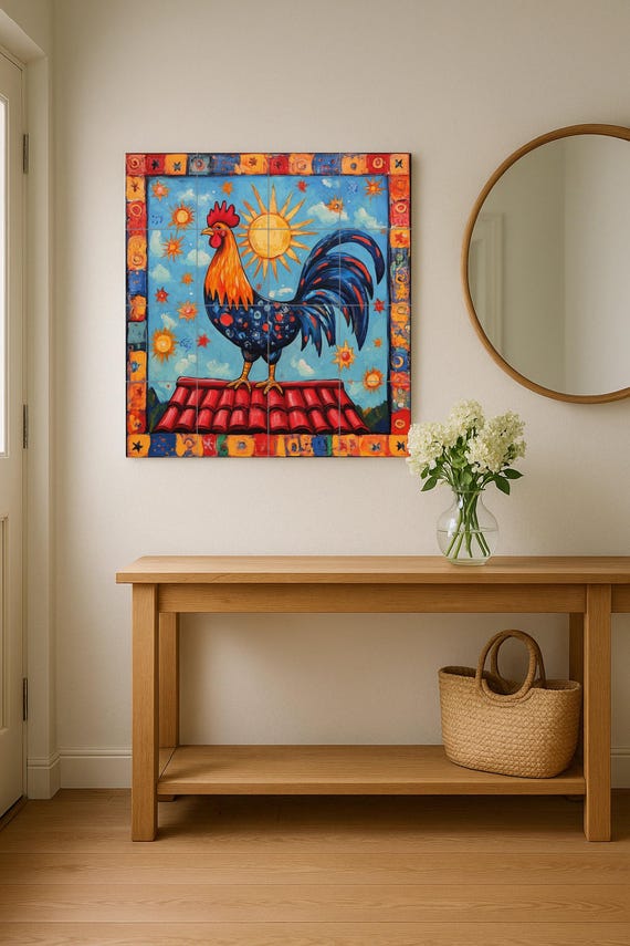 Mural de azulejos cerámicos de gallo portugués con sol radiante, borde celest…