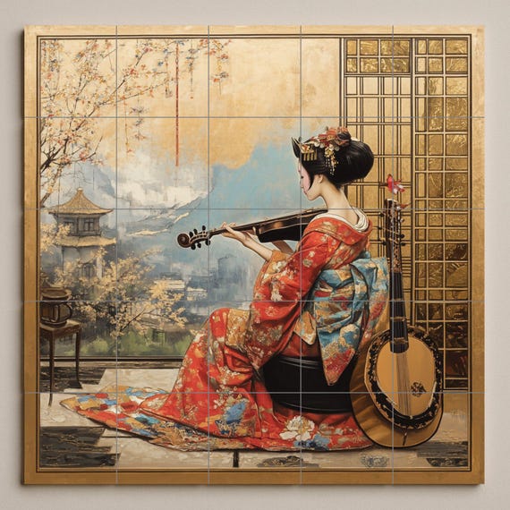 Mural de pared de cerámica de geisha con kimono rojo y violín, arte de azulej… — vista 3