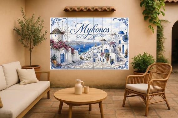 Mural de azulejos de cerámica de Mykonos, arte mural costero mediterráneo, pa…