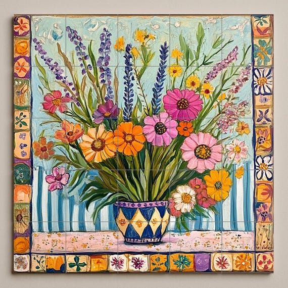 Mural de azulejos de cerámica con un colorido ramo de flores silvestres en un… — vista 3