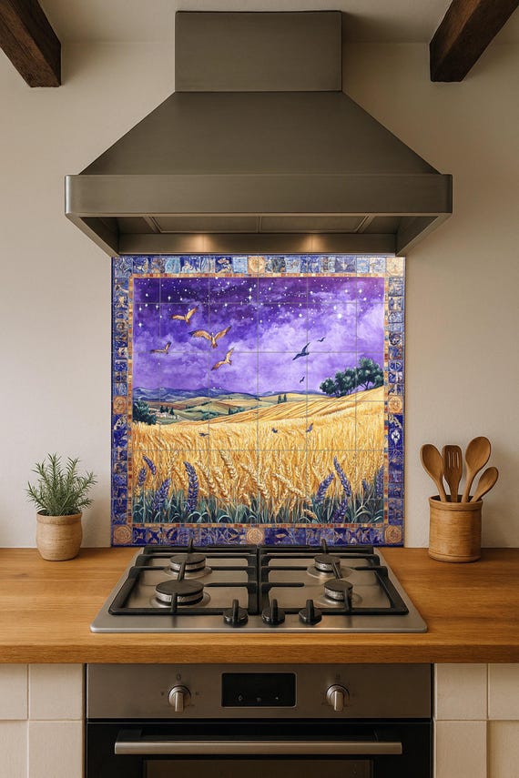 Mural cerámico de un campo de trigo en una noche estrellada — vista 4