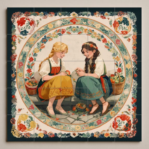 Dos niñas con trajes típicos y cestas — vista 3