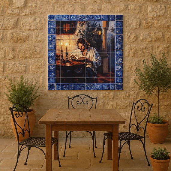 Mural de pared de cerámica clásico con hombre leyendo a la luz de las velas, … — vista 2