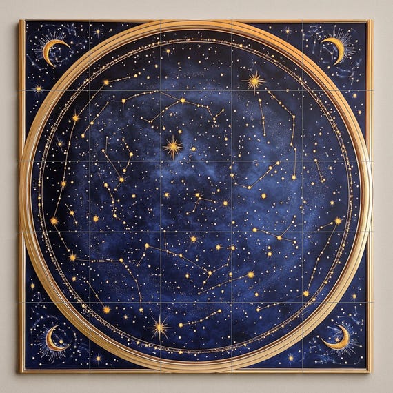 Mural de pared de cerámica con mapa estelar celestial con constelaciones y lu… — vista 3