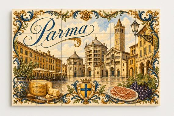 Mural de azulejos de cerámica de Parma, Italia, arte mural culinario italiano… — vista 4