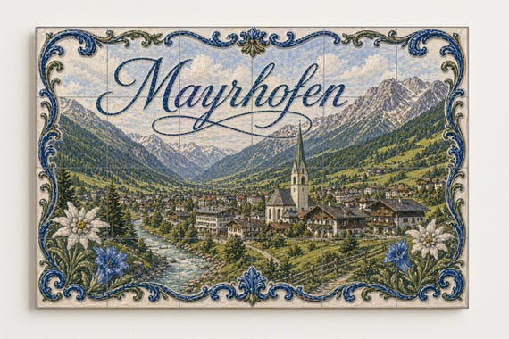 Mural de azulejos de cerámica de Mayrhofen, Austria, decoración de pared con … — vista 4