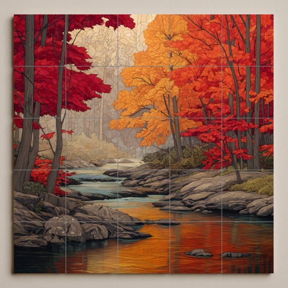Mural de azulejos con río otoñal — vista 3