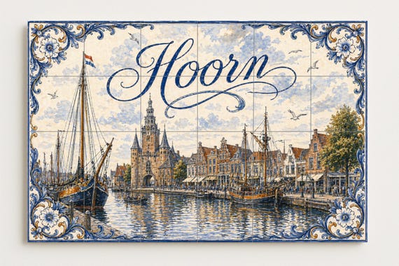 Mural de azulejos de cerámica del puerto histórico de Hoorn, barcos de vela h… — vista 4