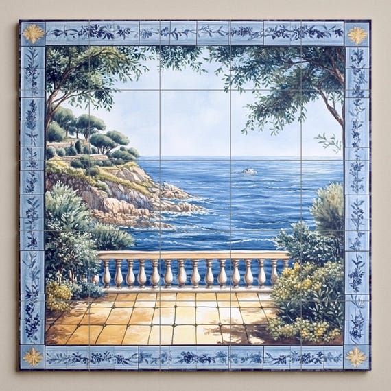 Mural de pared de cerámica con vista al mar mediterráneo y borde floral azul,… — vista 3