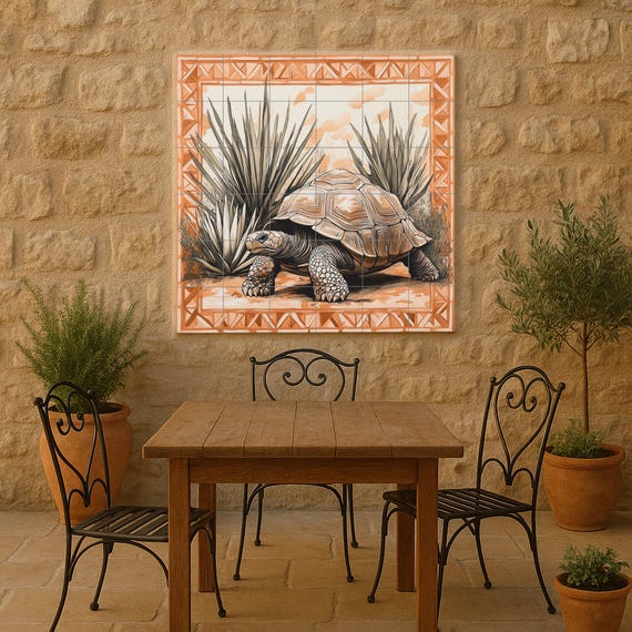 Mural de azulejos cerámicos de tortuga del desierto con plantas de agave, bor… — vista 2