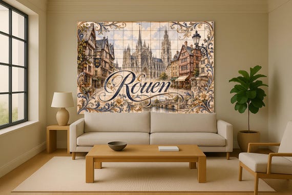 Mural de azulejos de cerámica de Rouen, arte mural de catedral gótica frances… — vista 2