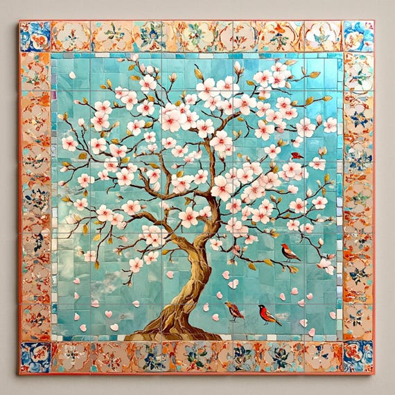 Mural de azulejos de cerámica con flores de cerezo — vista 3