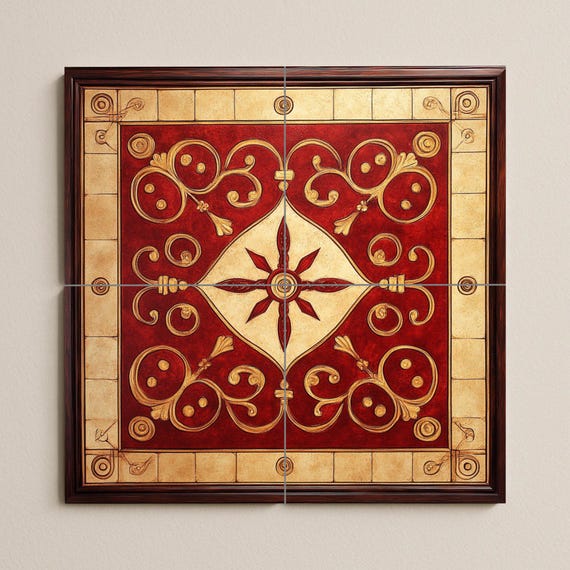 Mural de cerámica ornamental rojo y dorado — vista 2