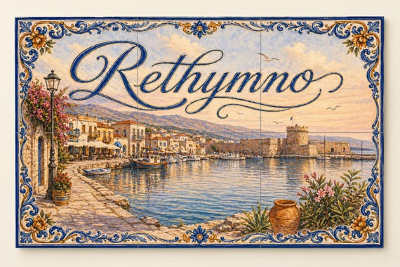 Mural de azulejos de cerámica del puerto veneciano de Rethymno, decoración de… — vista 3