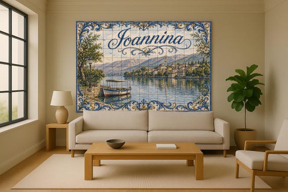 Mural de azulejos de cerámica de Ioannina, Grecia, arte mural junto al lago d… — vista 2