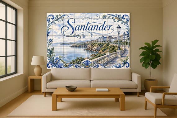 Mural de azulejos cerámicos costeros de Santander, decoración de pared junto … — vista 2