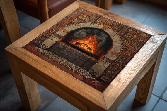 Mural de azulejos de cerámica con chimenea rústica y arco de piedra toscana, …