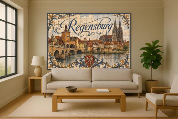Mural de azulejos de cerámica de Ratisbona, arte mural de paisaje urbano medi… — vista 2