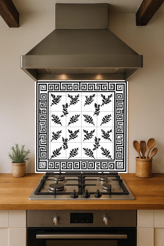 Mural de azulejos de cerámica con clave griega, panel decorativo de hojas de … — vista 2