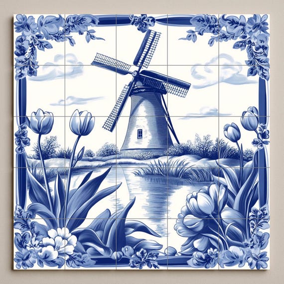 Mural de cerámica azul de Delft holandés — vista 3