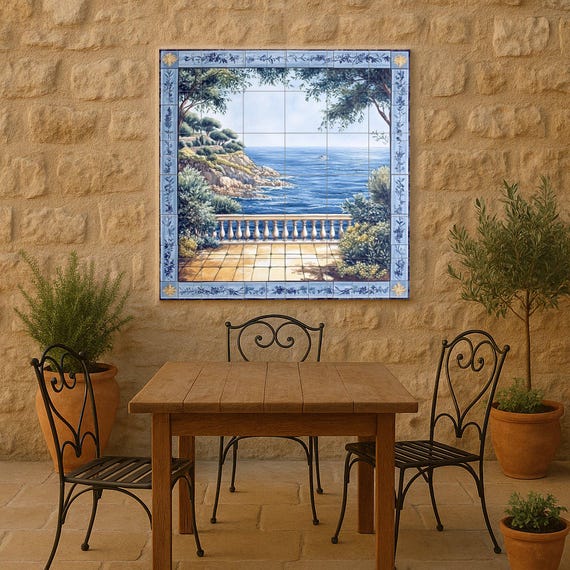 Mural de pared de cerámica con vista al mar mediterráneo y borde floral azul,… — vista 2