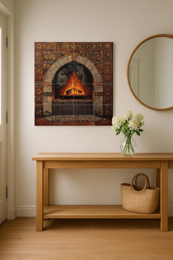 Mural de azulejos de cerámica con chimenea rústica y arco de piedra toscana, … — vista 4